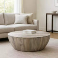 Royal Hampton 35.5 Inch Round Mango Wood Coffee Table, Subtle Grains, Distressed White