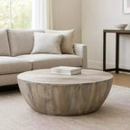 Royal Hampton 35.5 Inch Round Mango Wood Coffee Table, Subtle Grains, Distressed White