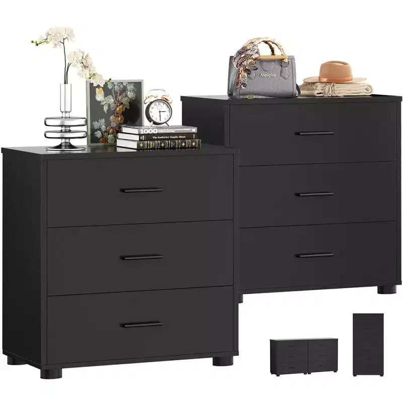 Besiost Set di 2 cassettiere in legno con 3 cassetti, armadietto e comodino