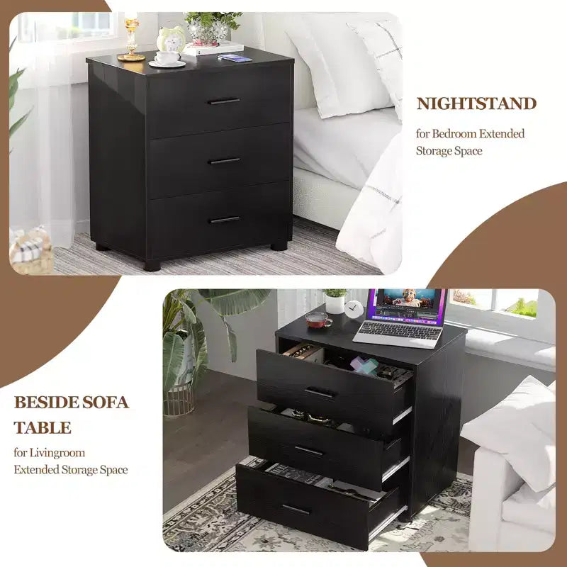 Besiost Set di 2 cassettiere in legno con 3 cassetti, armadietto e comodino