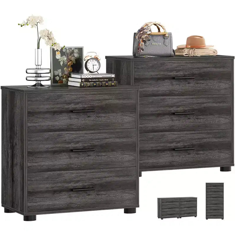 Besiost Set di 2 cassettiere in legno con 3 cassetti, armadietto e comodino