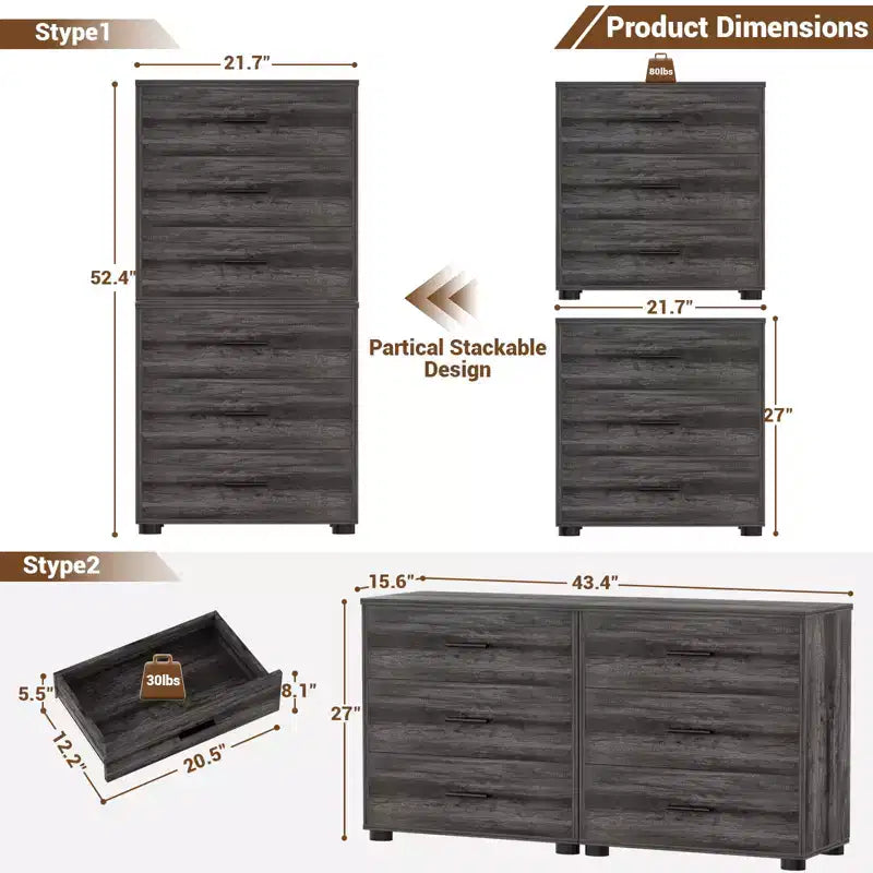 Besiost Set di 2 cassettiere in legno con 3 cassetti, armadietto e comodino