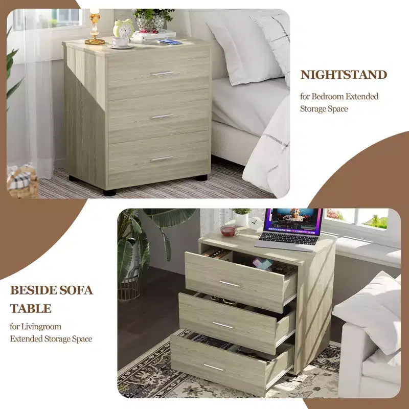 Besiost Set di 2 cassettiere in legno con 3 cassetti, armadietto e comodino