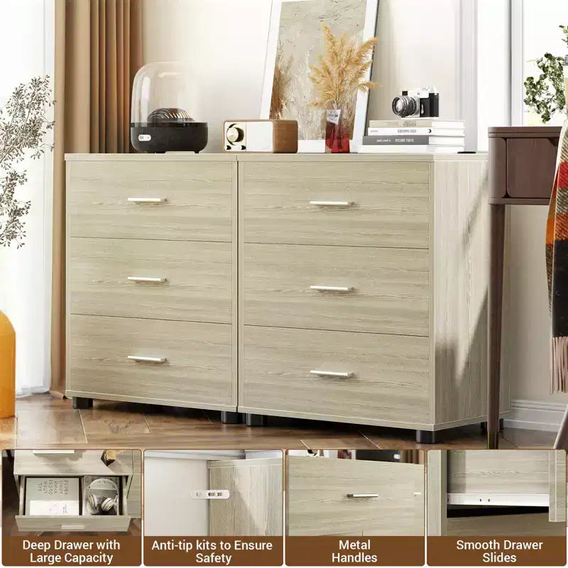 Besiost Set di 2 cassettiere in legno con 3 cassetti, armadietto e comodino