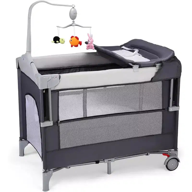 JOYMOR 5 in 1 Pack and Play with Bassinet, Diaper Changing Table for Newborn Infant, Portable Baby Playpen for Babies and Toddlers (Gray)