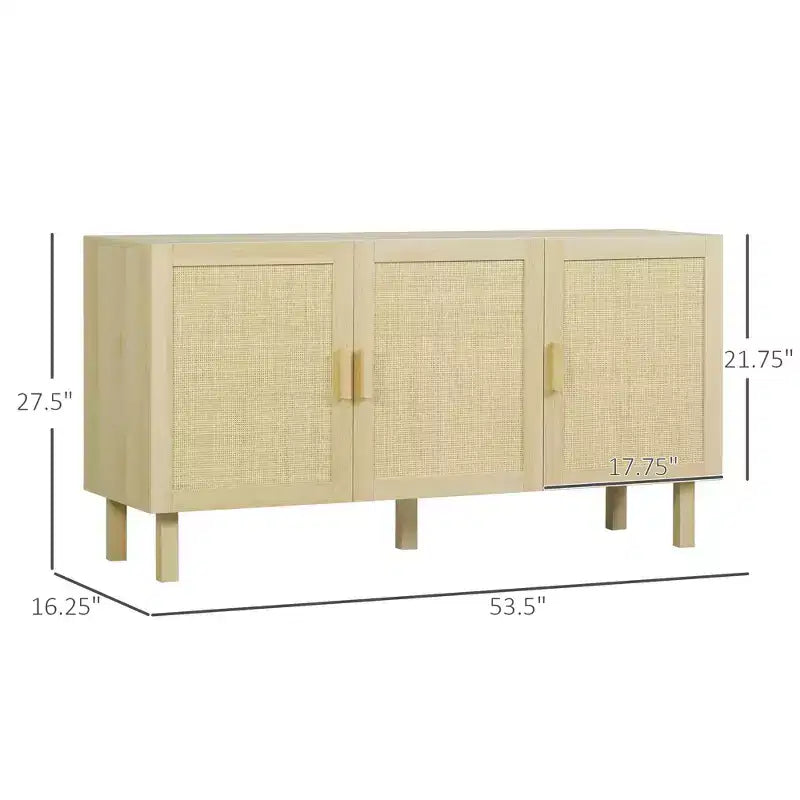 Mobile da Cucina Boho, Credenza con 3 Ante in Rattan e Ripiani Regolabili per la Sala da Pranzo
