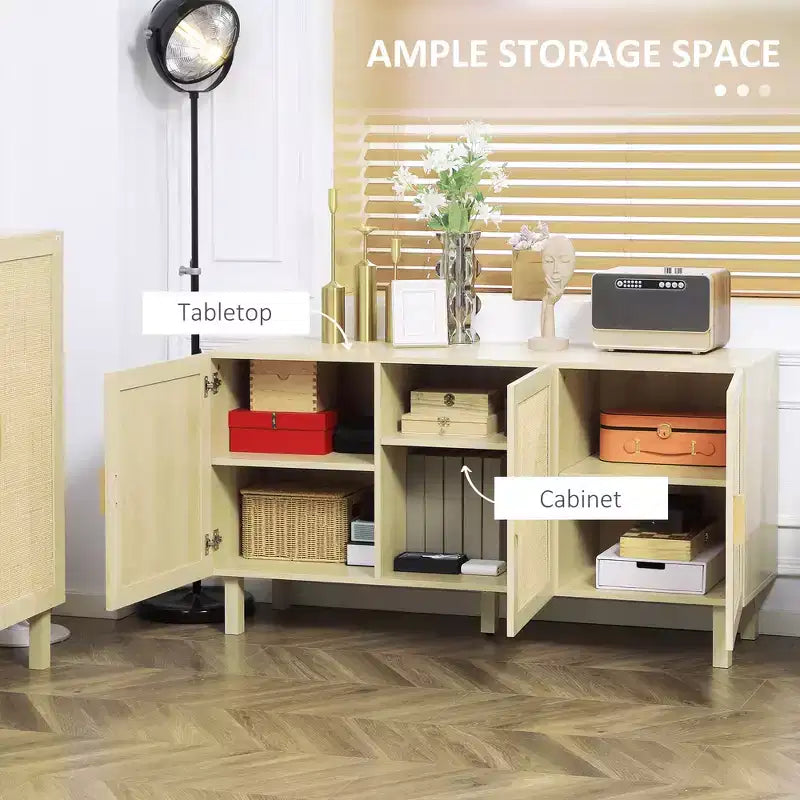 Mobile da Cucina Boho, Credenza con 3 Ante in Rattan e Ripiani Regolabili per la Sala da Pranzo