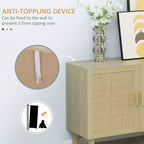 Mobile da Cucina Boho, Credenza con 3 Ante in Rattan e Ripiani Regolabili per la Sala da Pranzo