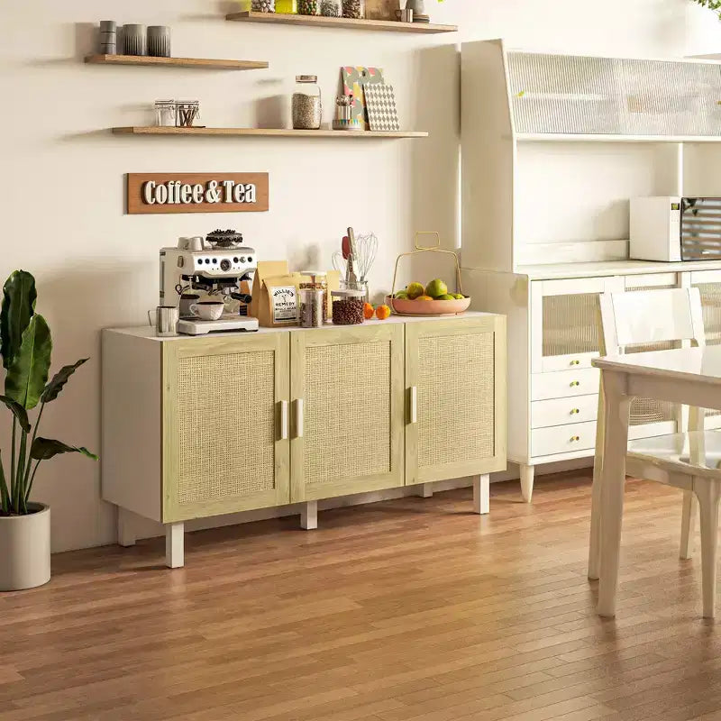 Mobile da Cucina Boho, Credenza con 3 Ante in Rattan e Ripiani Regolabili per la Sala da Pranzo