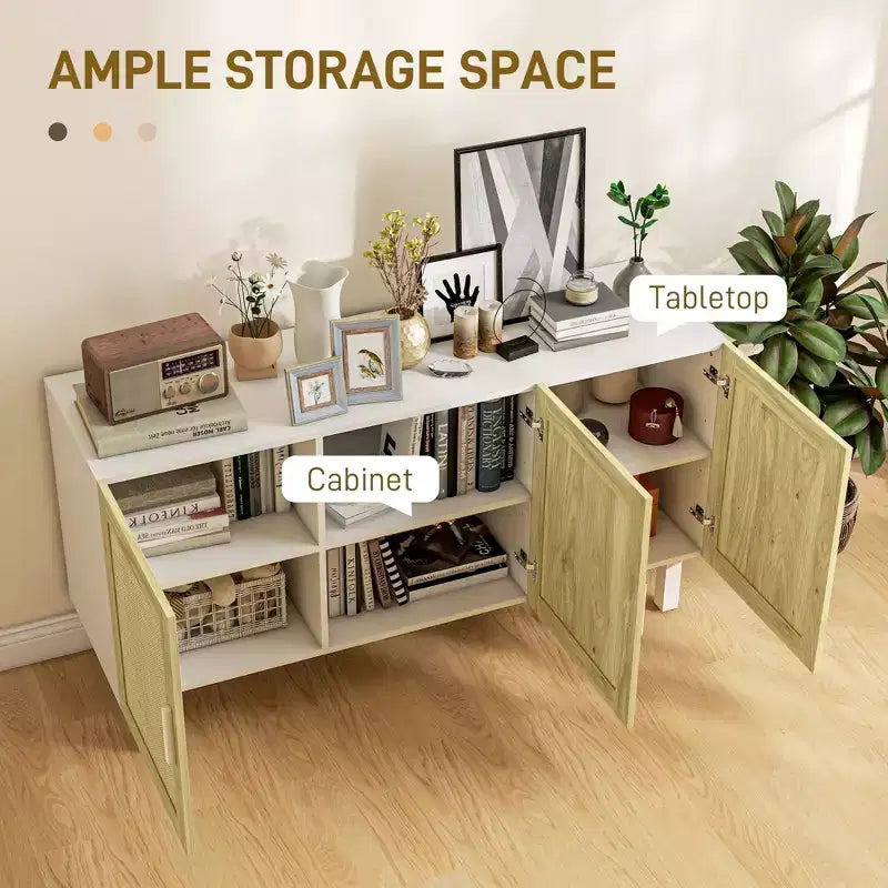 Mobile da Cucina Boho, Credenza con 3 Ante in Rattan e Ripiani Regolabili per la Sala da Pranzo