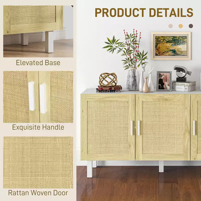 Mobile da Cucina Boho, Credenza con 3 Ante in Rattan e Ripiani Regolabili per la Sala da Pranzo