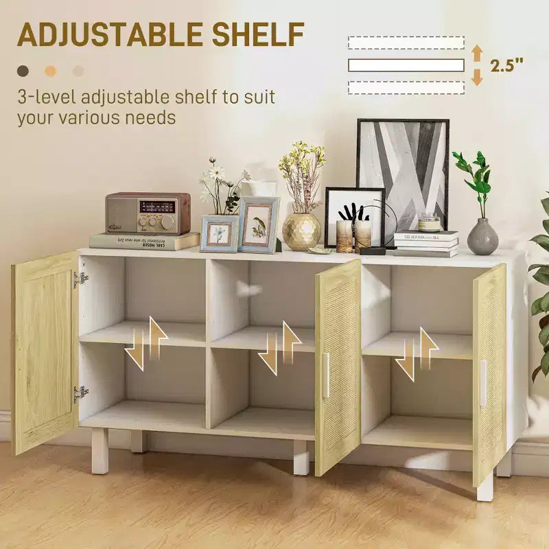 Mobile da Cucina Boho, Credenza con 3 Ante in Rattan e Ripiani Regolabili per la Sala da Pranzo