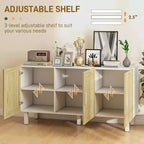 Mobile da Cucina Boho, Credenza con 3 Ante in Rattan e Ripiani Regolabili per la Sala da Pranzo