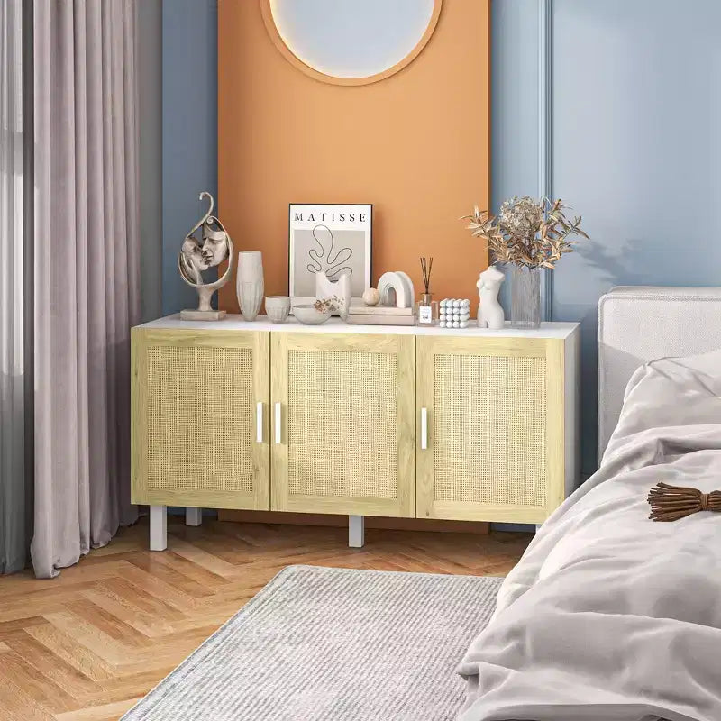 Mobile da Cucina Boho, Credenza con 3 Ante in Rattan e Ripiani Regolabili per la Sala da Pranzo