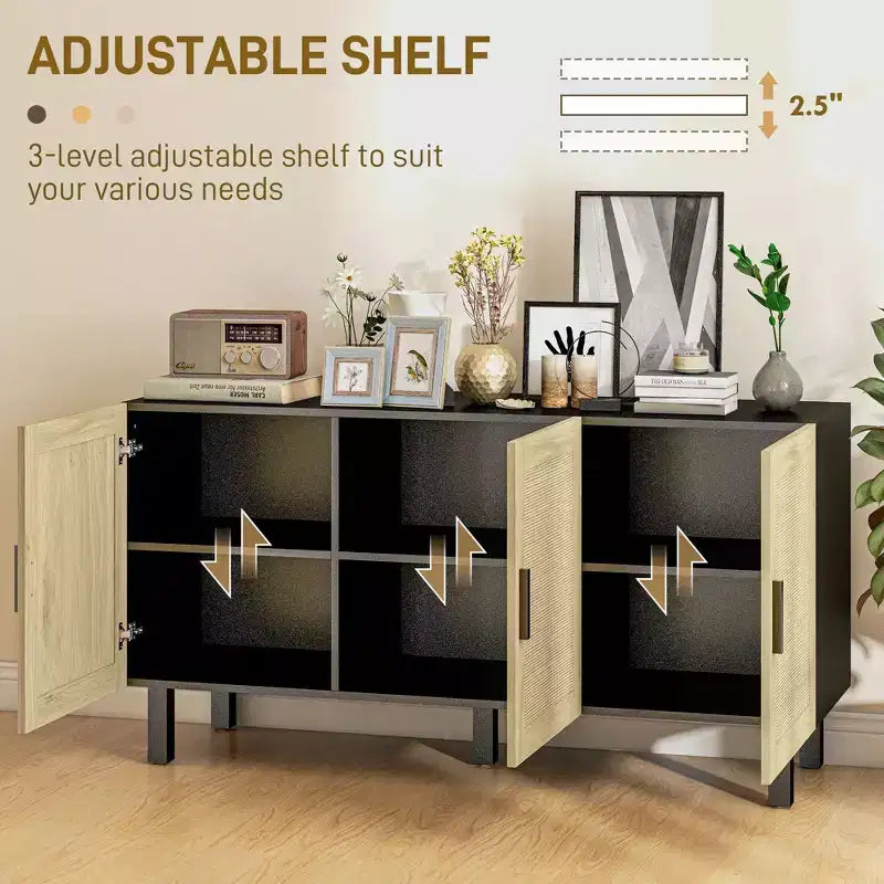 Mobile da Cucina Boho, Credenza con 3 Ante in Rattan e Ripiani Regolabili per la Sala da Pranzo