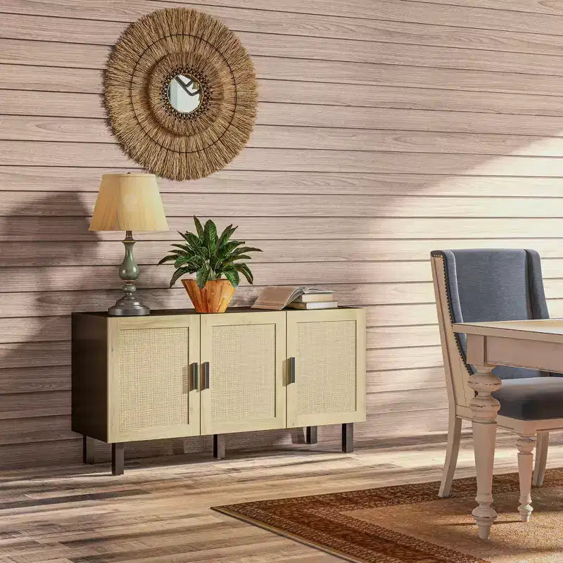 Mobile da Cucina Boho, Credenza con 3 Ante in Rattan e Ripiani Regolabili per la Sala da Pranzo