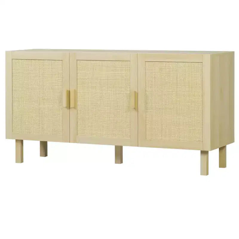 Mobile da Cucina Boho, Credenza con 3 Ante in Rattan e Ripiani Regolabili per la Sala da Pranzo