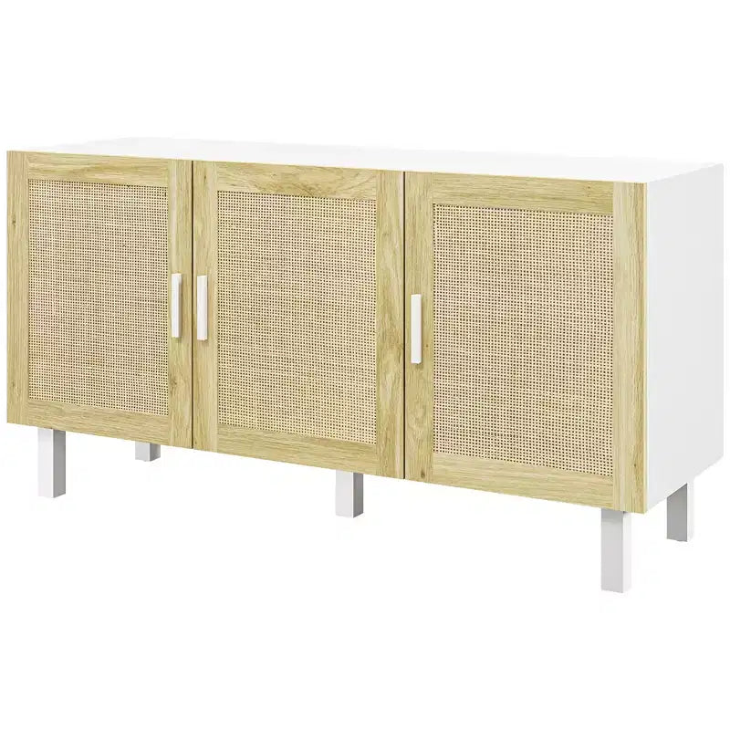 Mobile da Cucina Boho, Credenza con 3 Ante in Rattan e Ripiani Regolabili per la Sala da Pranzo