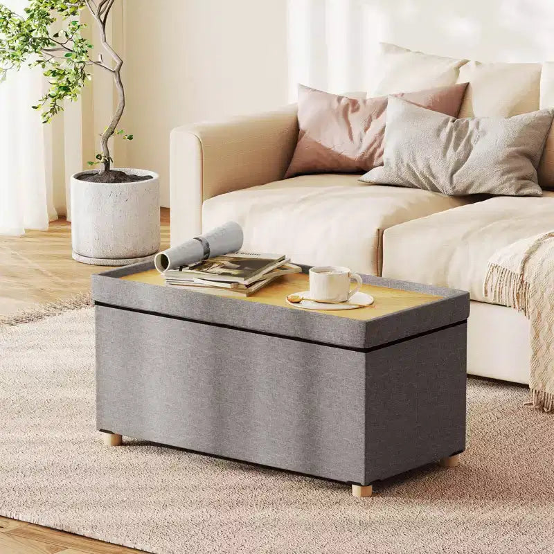 Costway 1/2 PEZZI Panca Pouf Contenitore 30 con Vassoio, Gambe in Legno di Gomma per Piccolo Spazio Ingresso Grigio/Beige