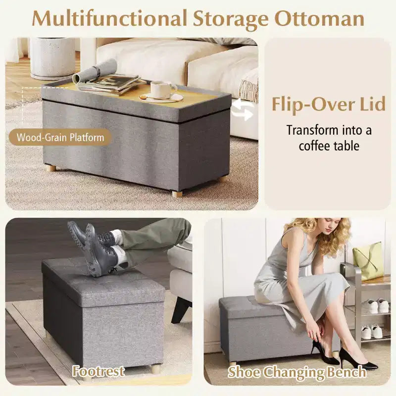 Costway 1/2 PEZZI Panca Pouf Contenitore 30 con Vassoio, Gambe in Legno di Gomma per Piccolo Spazio Ingresso Grigio/Beige