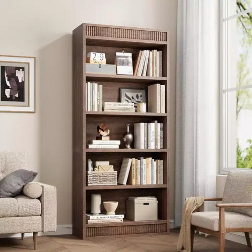 71 Farmhouse Tall Bookcase with 5 Tiers & Display Rack, Fluted Wood Bookshelf for Organized Storage in Living Room, Office, or Library