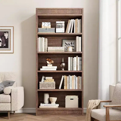 Libreria alta 71 Farmhouse con 5 ripiani e espositore, Scaffale in legno scanalato per una conservazione organizzata in soggiorno, ufficio o biblioteca