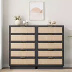 Comò in Rattan a 5 Cassetti, 118,6 cm di Altezza Nero, Cassettiera a 5 Scomparti con Maniglie in Metallo e Robusta Base in Legno per Camera da Letto, Soggiorno, Cameretta