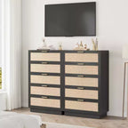 Comò in Rattan a 5 Cassetti, 118,6 cm di Altezza Nero, Cassettiera a 5 Scomparti con Maniglie in Metallo e Robusta Base in Legno per Camera da Letto, Soggiorno, Cameretta