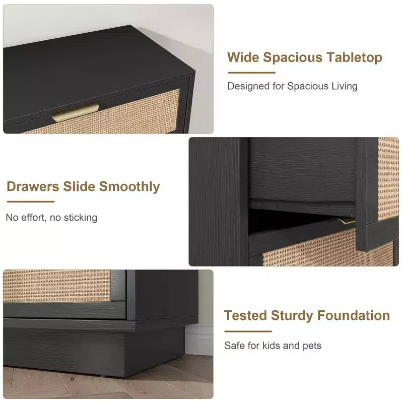 Comò in Rattan a 5 Cassetti, 118,6 cm di Altezza Nero, Cassettiera a 5 Scomparti con Maniglie in Metallo e Robusta Base in Legno per Camera da Letto, Soggiorno, Cameretta