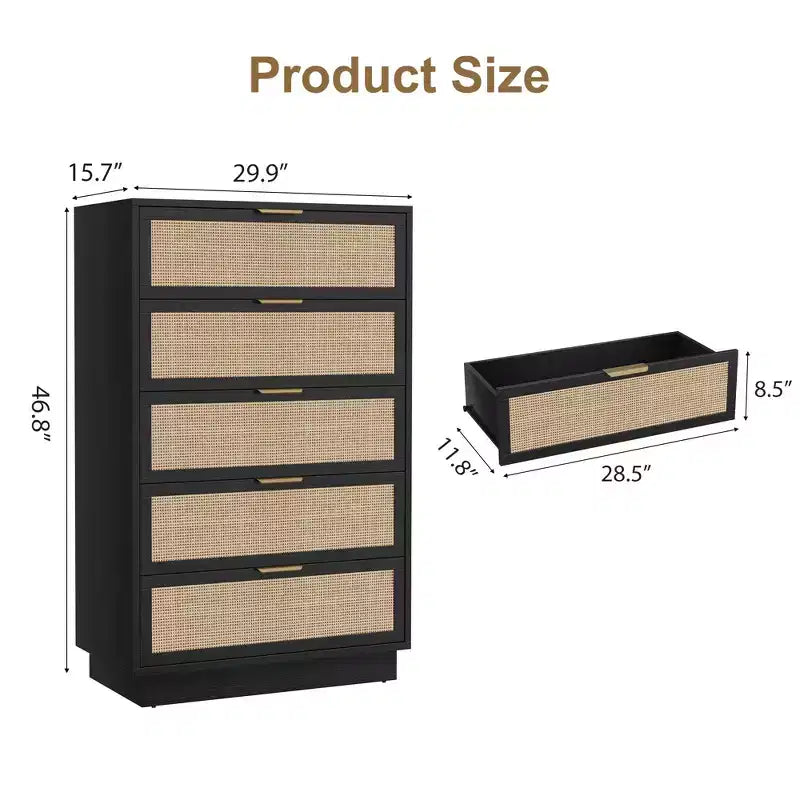 Comò in Rattan a 5 Cassetti, 118,6 cm di Altezza Nero, Cassettiera a 5 Scomparti con Maniglie in Metallo e Robusta Base in Legno per Camera da Letto, Soggiorno, Cameretta