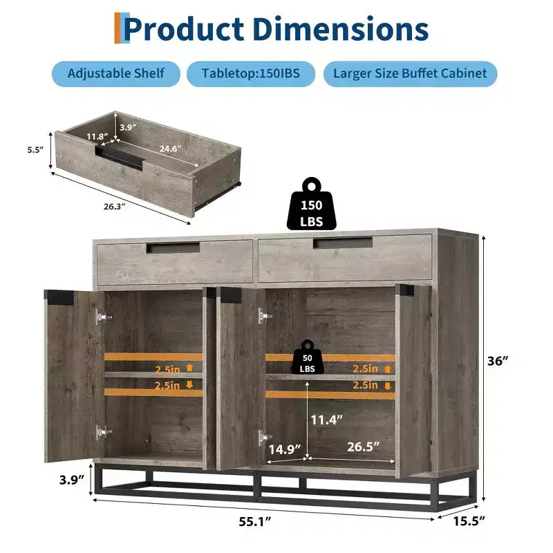GustoWave Madia Credenza, 55 Pollici Grande Mobile Contenitore Moderno da Cucina con 2 Cassetti e 4 Ante, Tavolo Buffet per Caffè