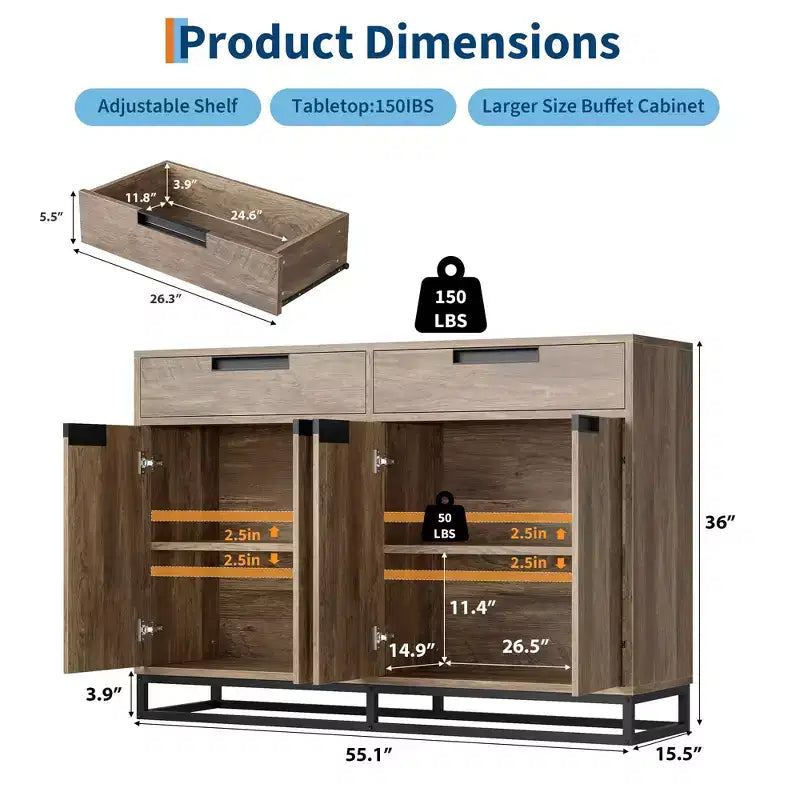 GustoWave Madia Credenza, 55 Pollici Grande Mobile Contenitore Moderno da Cucina con 2 Cassetti e 4 Ante, Tavolo Buffet per Caffè