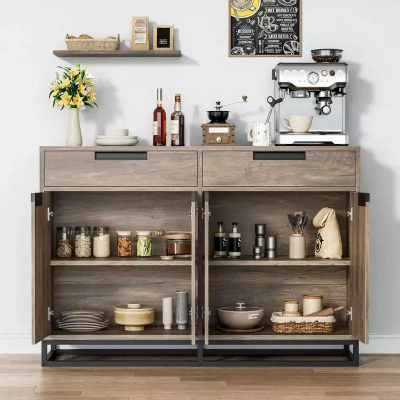 GustoWave Madia Credenza, 55 Pollici Grande Mobile Contenitore Moderno da Cucina con 2 Cassetti e 4 Ante, Tavolo Buffet per Caffè