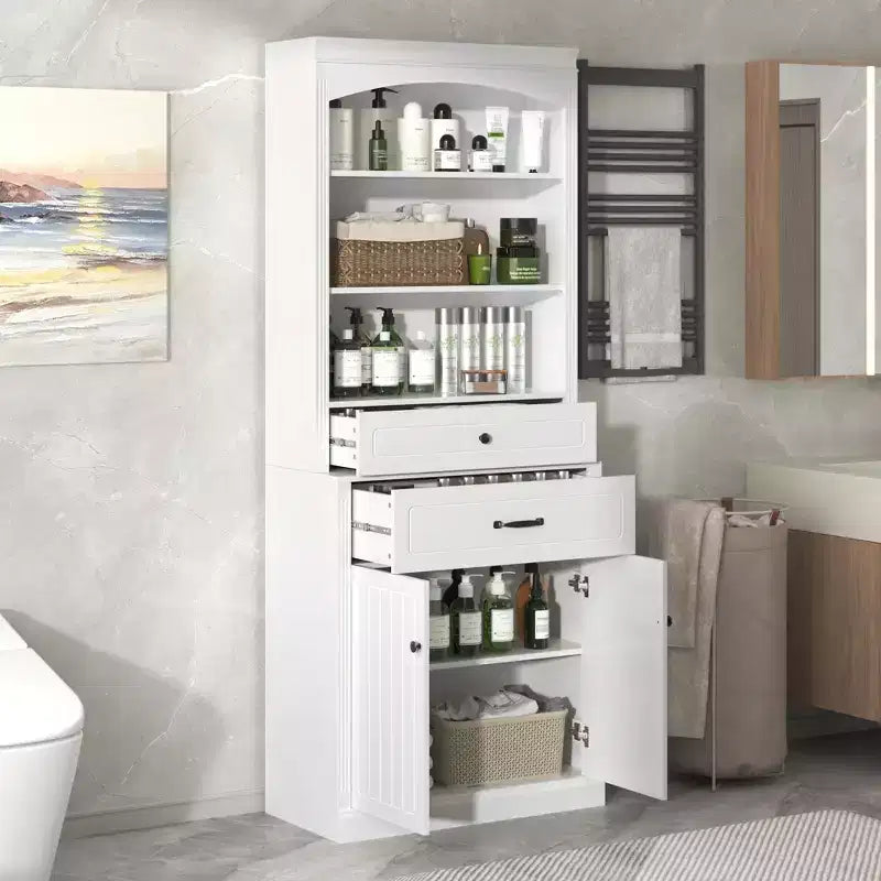 White Bathroom Storage Cabinet with Two Doors Drawers Adjustable Shelf & Three Open Shelves  Durable MDF Construction