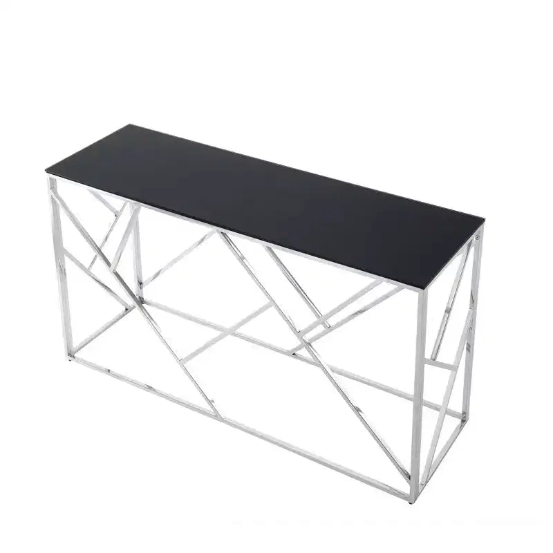 Tavolino console moderno Okak con piano in vetro temperato, tavolino d'appoggio con elegante e robusta struttura in metallo, tavolino da ingresso per soggiorno, foyer