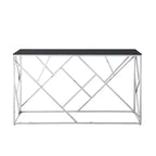 Tavolino console moderno Okak con piano in vetro temperato, tavolino d'appoggio con elegante e robusta struttura in metallo, tavolino da ingresso per soggiorno, foyer