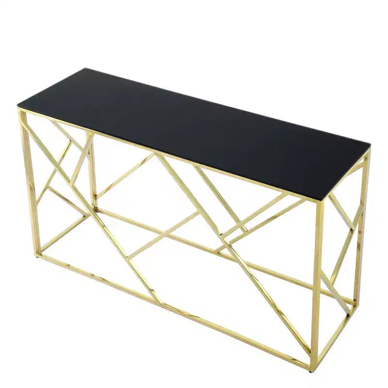 Tavolino console moderno Okak con piano in vetro temperato, tavolino d'appoggio con elegante e robusta struttura in metallo, tavolino da ingresso per soggiorno, foyer