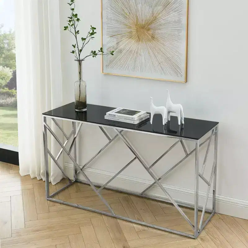 Tavolino console moderno Okak con piano in vetro temperato, tavolino d'appoggio con elegante e robusta struttura in metallo, tavolino da ingresso per soggiorno, foyer