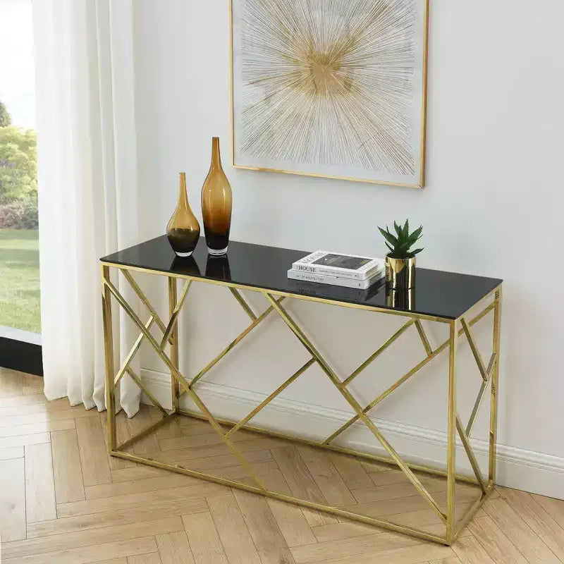 Okak Modern Console Table with Tempered Glass Top, Accent Table with Stylish Sturdy Metal Frame, Hallway Table for Living Room, Foyer