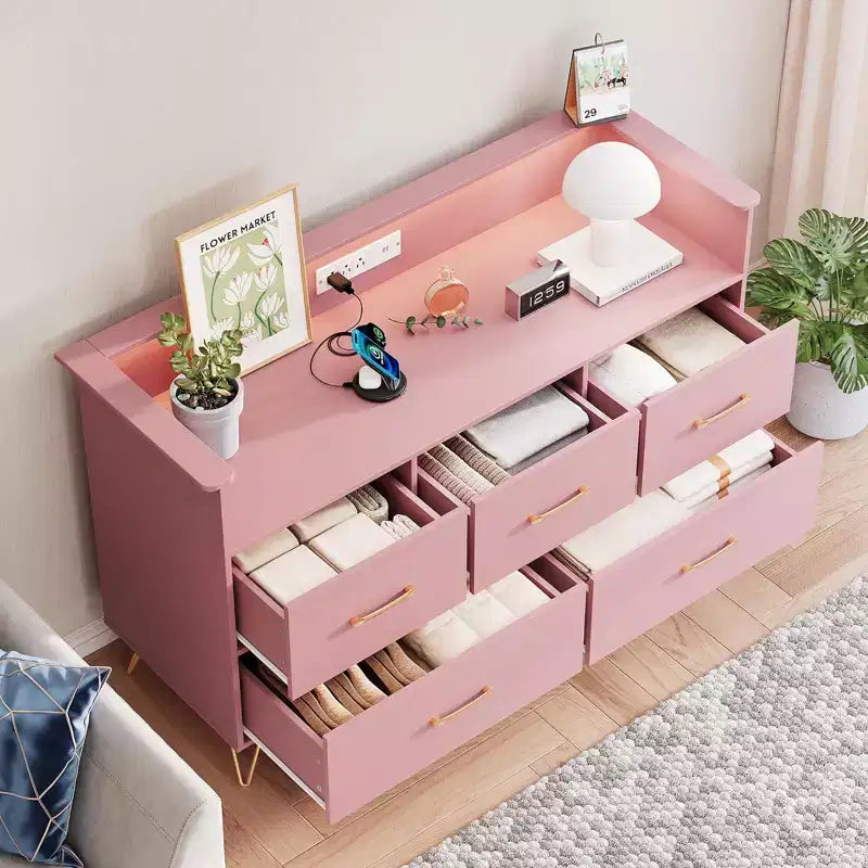 GustoWave Comodino Moderno in Legno con 5 Cassetti e Luci a LED, Cassettiera Autoportante da 120 cm, Organizzatore Contenitore con Gambe Dorate