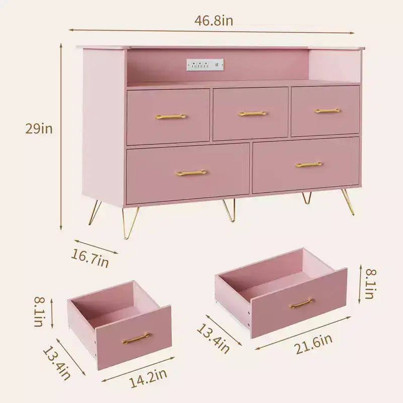 GustoWave Comodino Moderno in Legno con 5 Cassetti e Luci a LED, Cassettiera Autoportante da 120 cm, Organizzatore Contenitore con Gambe Dorate