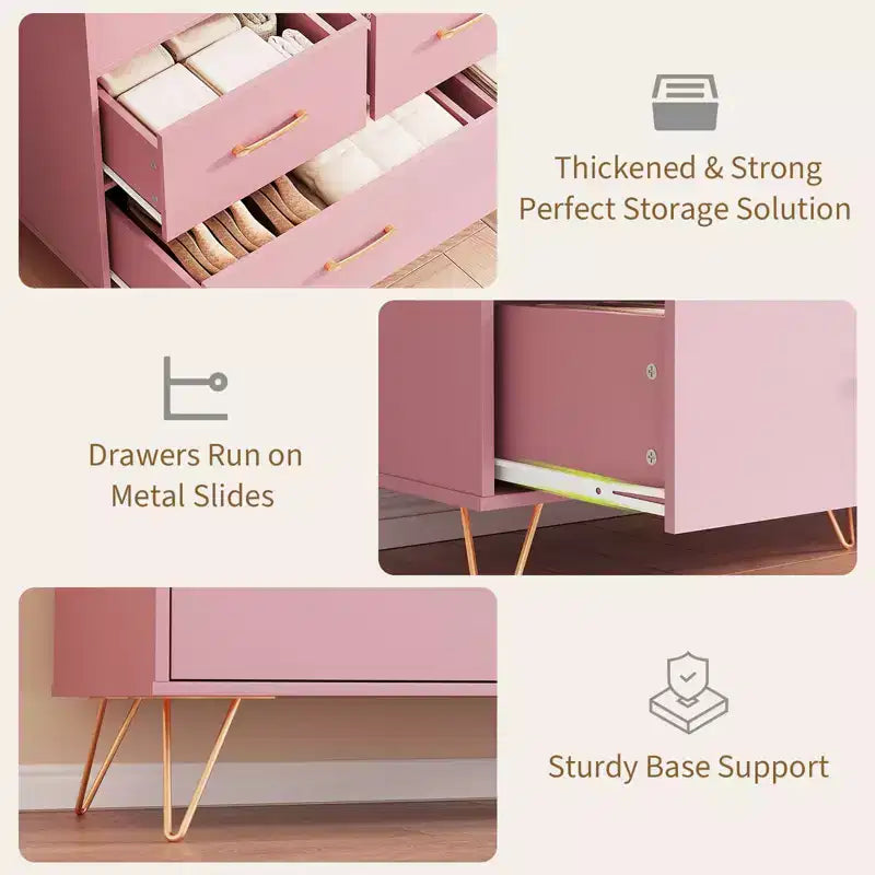 GustoWave Comodino Moderno in Legno con 5 Cassetti e Luci a LED, Cassettiera Autoportante da 120 cm, Organizzatore Contenitore con Gambe Dorate