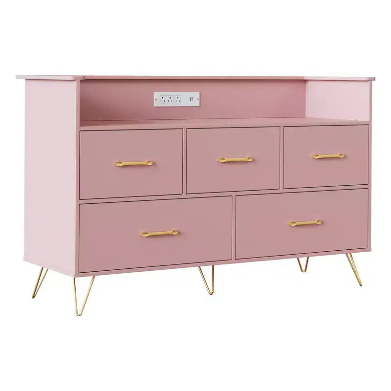 GustoWave Comodino Moderno in Legno con 5 Cassetti e Luci a LED, Cassettiera Autoportante da 120 cm, Organizzatore Contenitore con Gambe Dorate