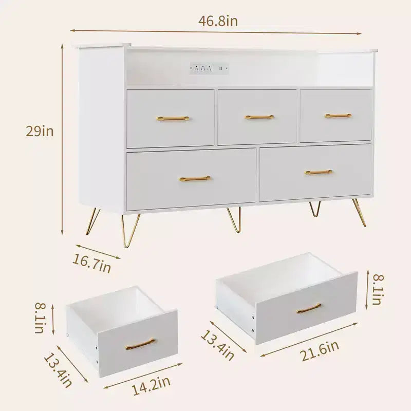 GustoWave Comodino Moderno in Legno con 5 Cassetti e Luci a LED, Cassettiera Autoportante da 120 cm, Organizzatore Contenitore con Gambe Dorate