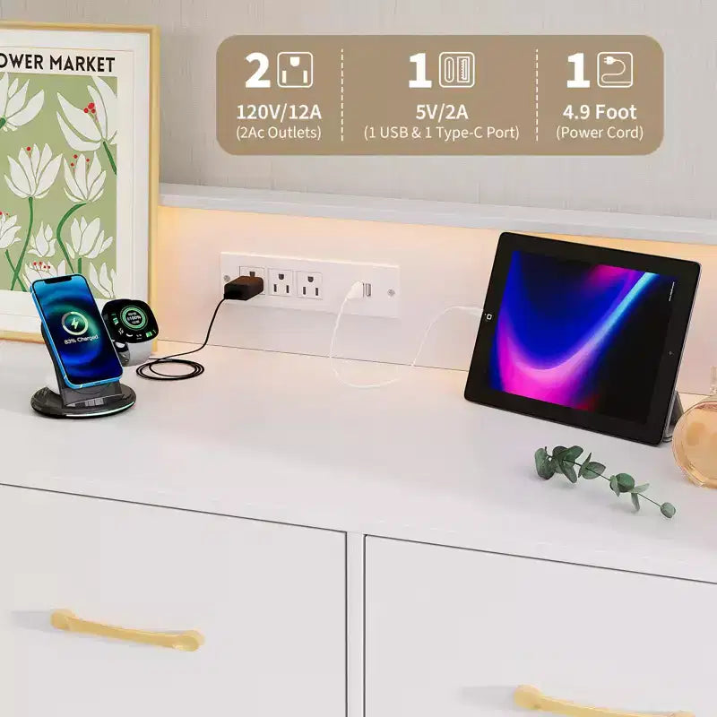 GustoWave Comodino Moderno in Legno con 5 Cassetti e Luci a LED, Cassettiera Autoportante da 120 cm, Organizzatore Contenitore con Gambe Dorate