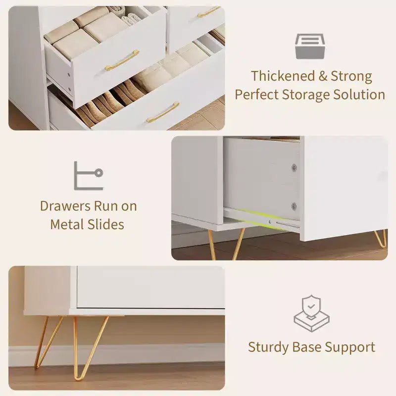 GustoWave Comodino Moderno in Legno con 5 Cassetti e Luci a LED, Cassettiera Autoportante da 120 cm, Organizzatore Contenitore con Gambe Dorate
