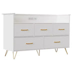 GustoWave Comodino Moderno in Legno con 5 Cassetti e Luci a LED, Cassettiera Autoportante da 120 cm, Organizzatore Contenitore con Gambe Dorate