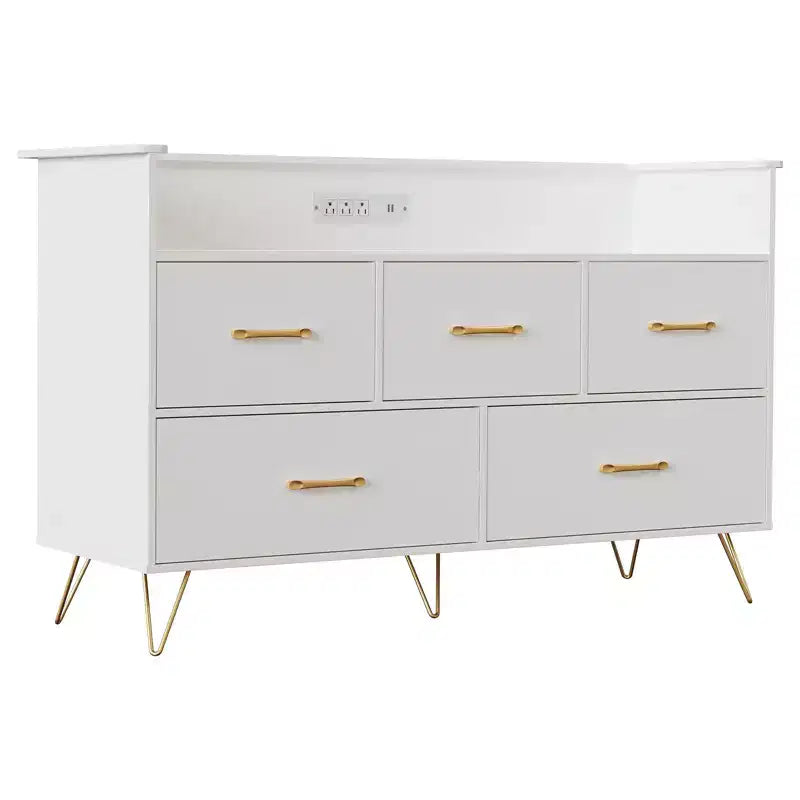 GustoWave Comodino Moderno in Legno con 5 Cassetti e Luci a LED, Cassettiera Autoportante da 120 cm, Organizzatore Contenitore con Gambe Dorate