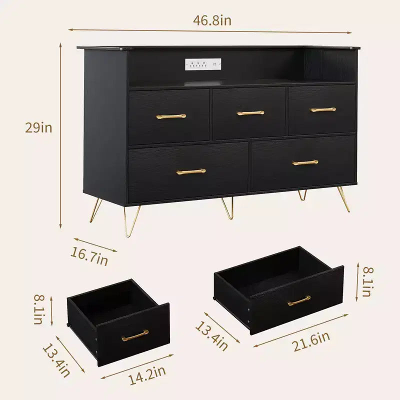 GustoWave Comodino Moderno in Legno con 5 Cassetti e Luci a LED, Cassettiera Autoportante da 120 cm, Organizzatore Contenitore con Gambe Dorate