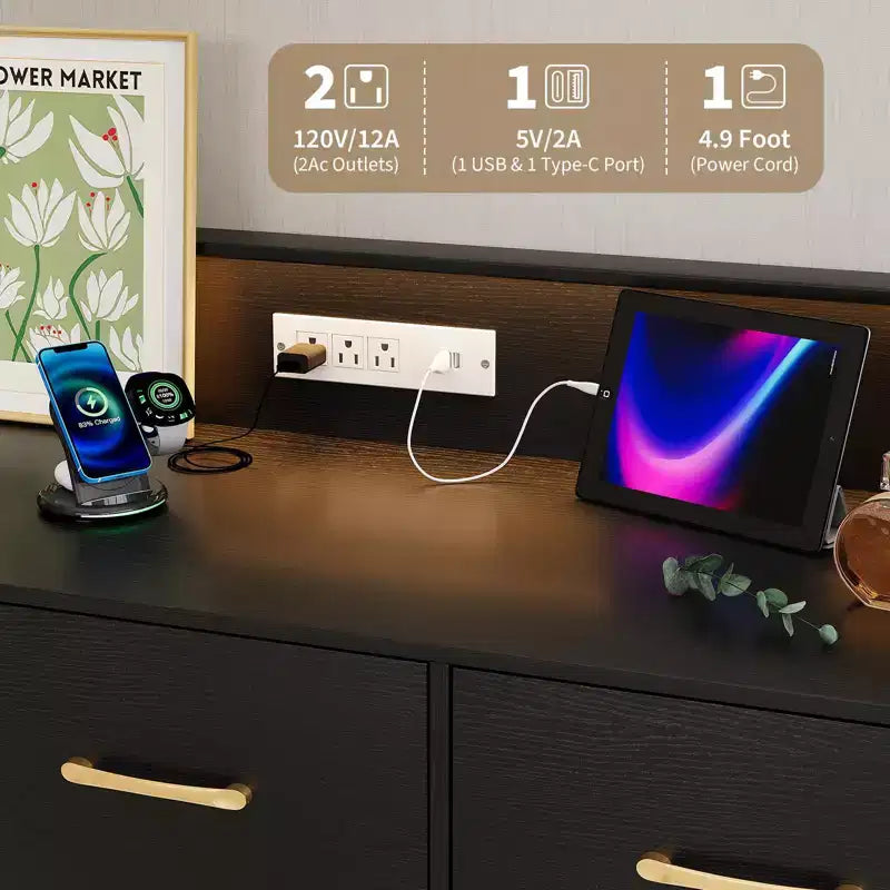 GustoWave Comodino Moderno in Legno con 5 Cassetti e Luci a LED, Cassettiera Autoportante da 120 cm, Organizzatore Contenitore con Gambe Dorate